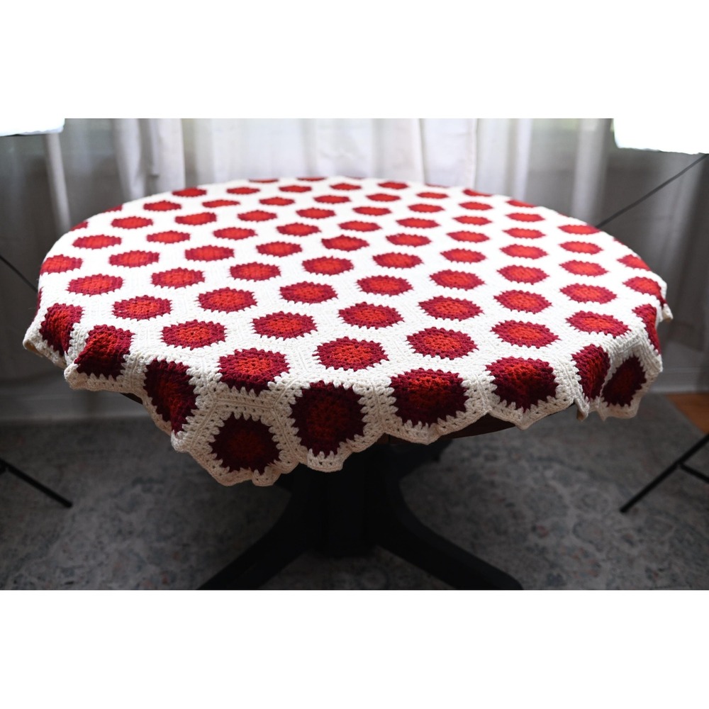 Vintage Crochet Granny Square Round Table Cloth Ivory Burgundy Red 53 Inch